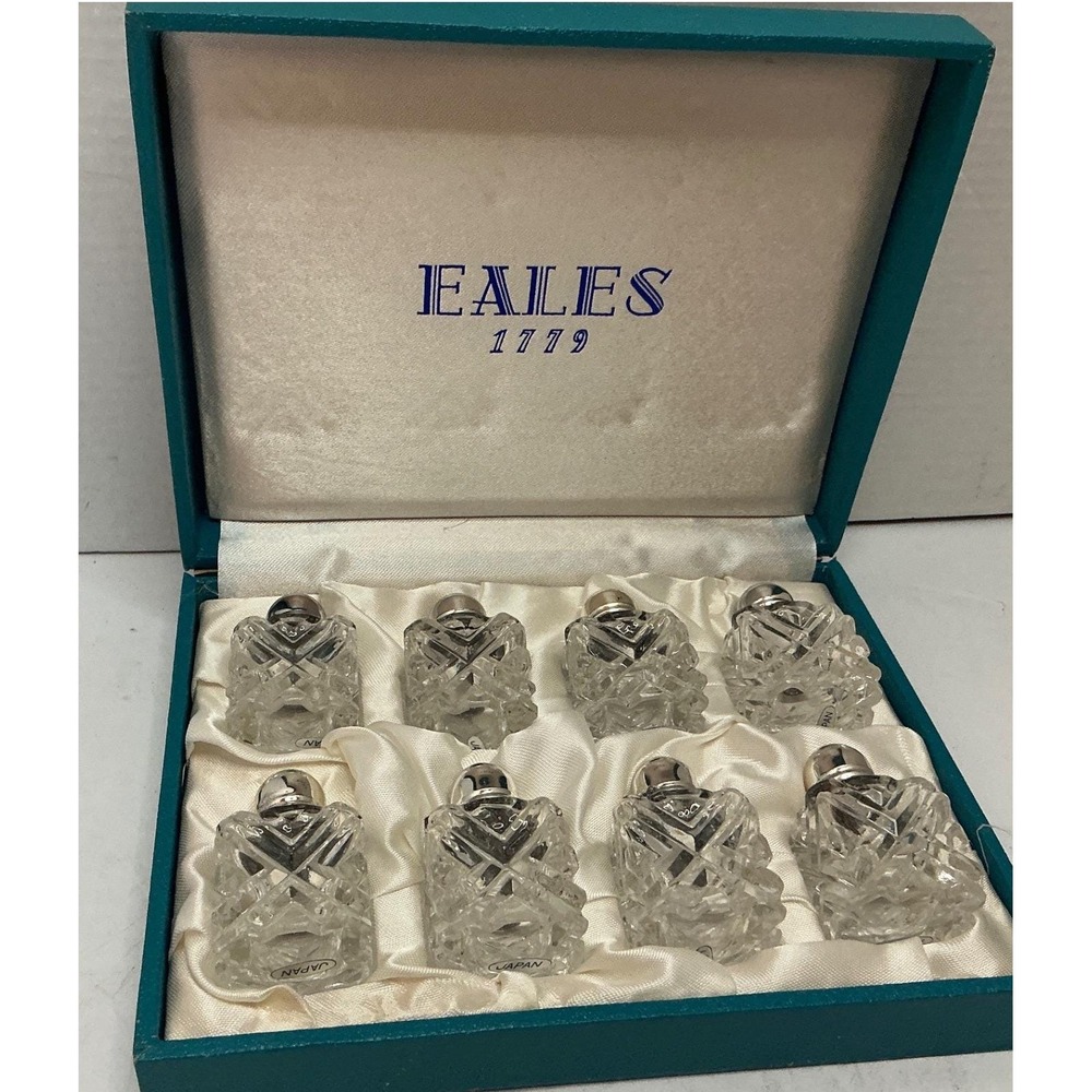 Eales 1779 Vintage Salt Pepper Shakers Set 8 Crystal Silver Plate Japan Boxed